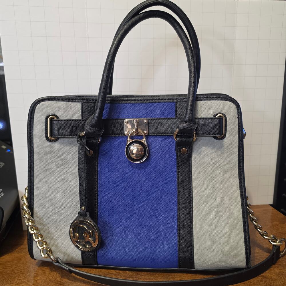 Dasein Colorblock Padlock Satchel Blue White Black Crossbody Bag Large